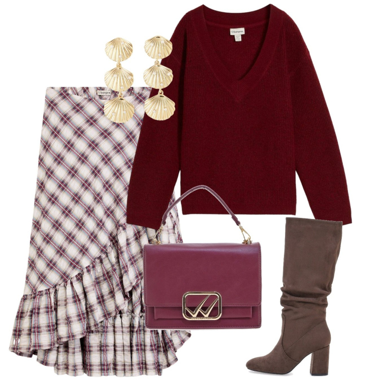 Outfit donna - La rouche. Stile Romantica per Tutti i giorni. Abbinamento con maglieria, gonne, orecchini, stivali sopra il ginocchio, borse a tracolla.