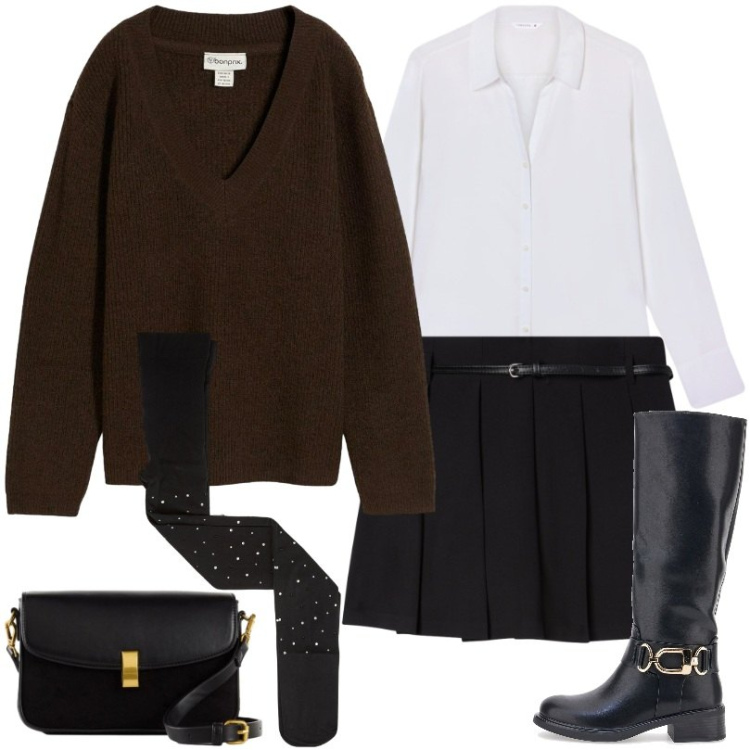 Outfit donna - Minigonna plissé e maglione oversize. Stile Trendy per Tutti i giorni. Abbinamento con borse a mano, maglieria, collant, minigonne, camicie, stivali.