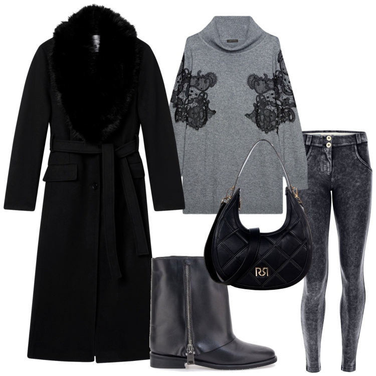 Outfit donna - Total look #2278683. Stile Urban per Serata fuori. Abbinamento con borse a tracolla, cappotti, pantaloni skinny, stivaletti, maglieria.