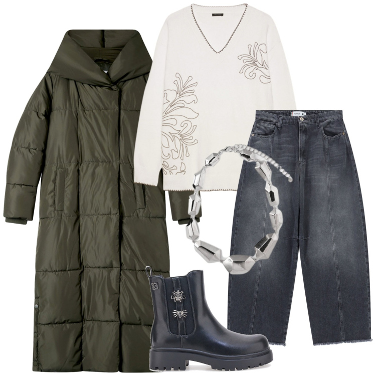 Outfit donna - Total look #2278688. Stile Urban per Tutti i giorni. Abbinamento con pantaloni a palazzo, cappotti, stivaletti chelsea, maglieria, ciondoli.