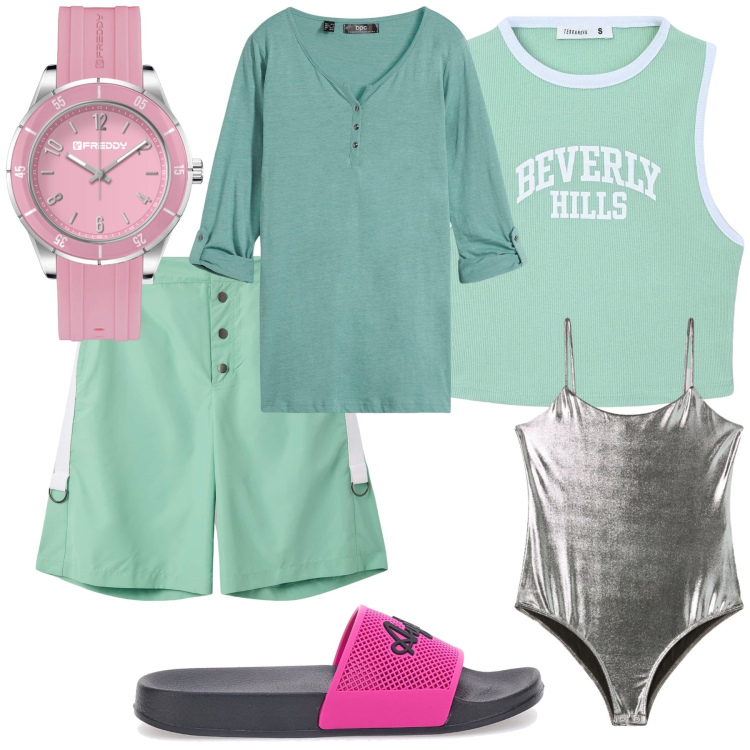 Outfit donna - Finalmente a casa. Stile Basic per Tutti i giorni. Abbinamento con cardigans, bermuda, canottiere, body, orologi, ciabatte.