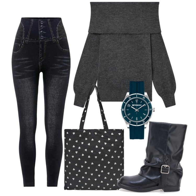 Outfit donna - Total Black Mood. Stile Urban per Serata fuori. Abbinamento con jeggings, borse tote, maglieria, orologi, stivaletti.