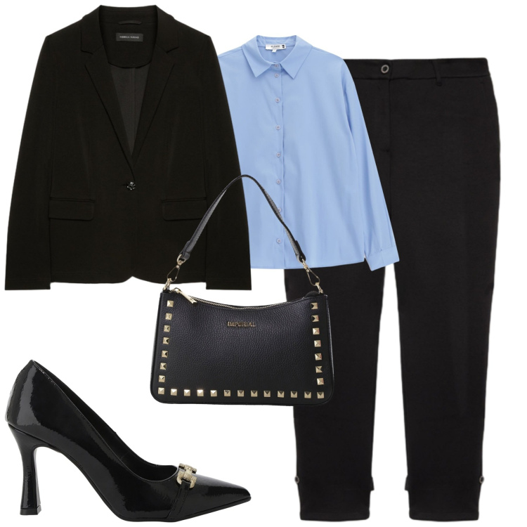 Outfit donna - City. Stile Urban per Tutti i giorni. Abbinamento con camicie, pochette, décolleté, pantaloni, blazer.
