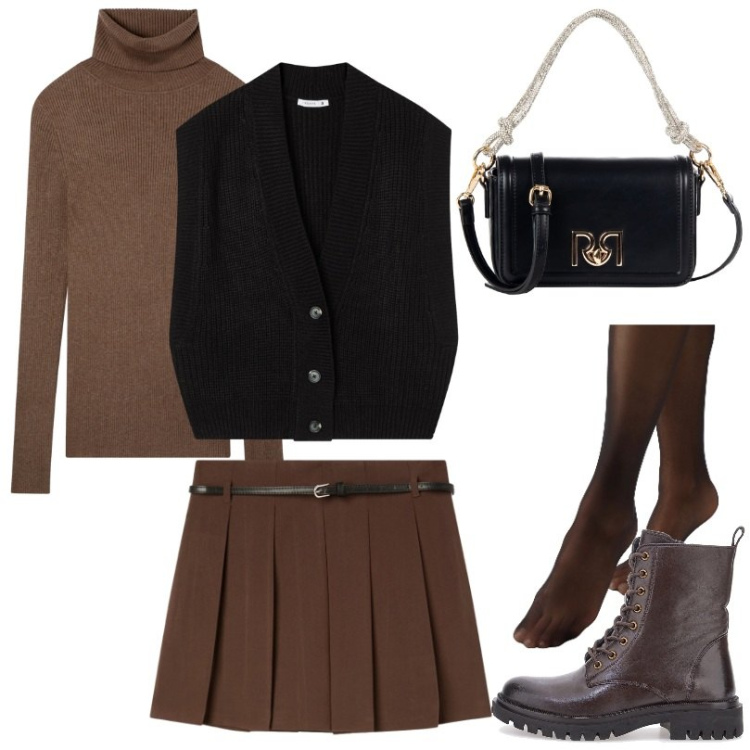 Outfit donna - Maglia dolcevita a costine Fango. Stile Casual per Tutti i giorni. Abbinamento con minigonne, maglieria, maglieria, collant, borse a mano, anfibi.