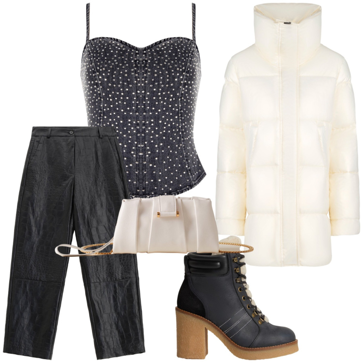 Outfit donna - Aperitivo al caldo. Stile Glamour per Serata fuori. Abbinamento con pantaloni, top, pochette, blazer, stivaletti.