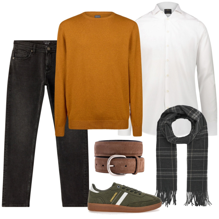 Outfit uomo - Il maglione ocra. Stile Casual per Tutti i giorni. Abbinamento con jeans, sciarpe, maglieria, sneakers, cinture, camicie.