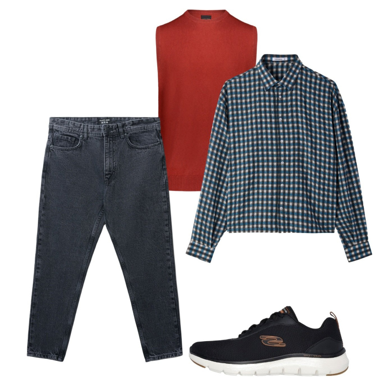 Outfit uomo - Autunno. Stile Casual per Tutti i giorni. Abbinamento con jeans strappati, camicie, gilet, sneakers.
