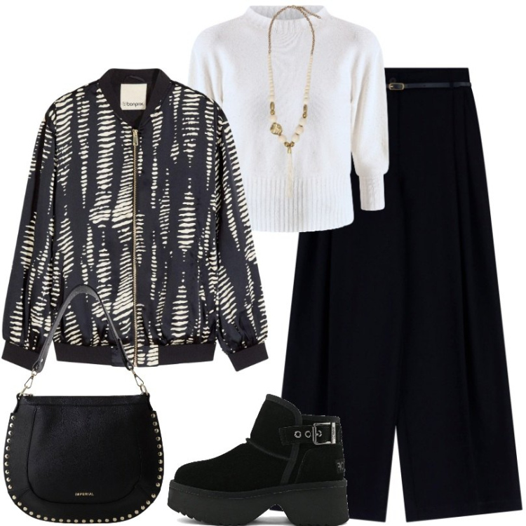 Outfit donna - Uno stile grintoso. Stile Sporty chic per Tutti i giorni. Abbinamento con bomber, maglieria, borse a spalla, pantaloni, ciondoli, stivali.