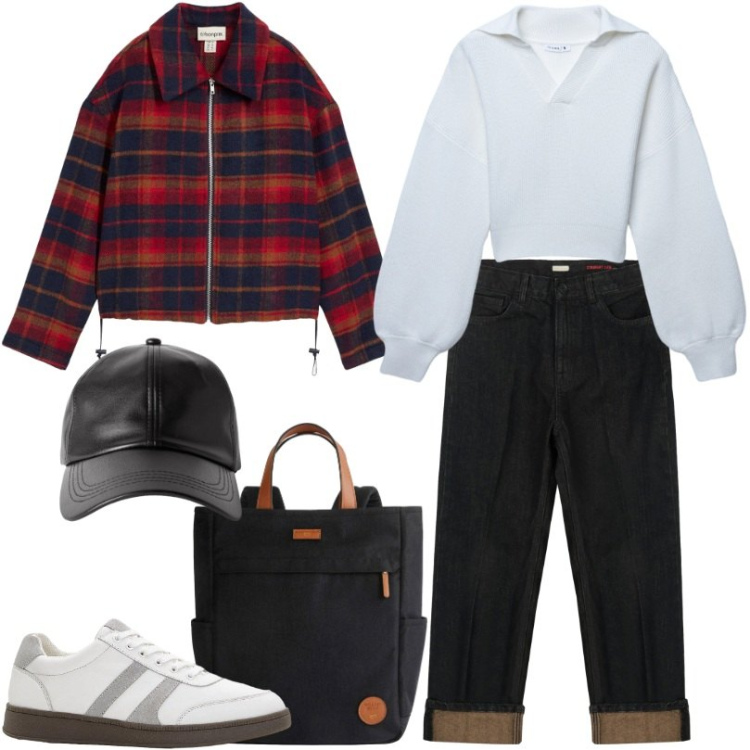 Outfit donna - Basic originale. Stile Basic per Tutti i giorni. Abbinamento con zaini, sneakers, blazer, cappelli con visiera, maglieria, jeans dritti.