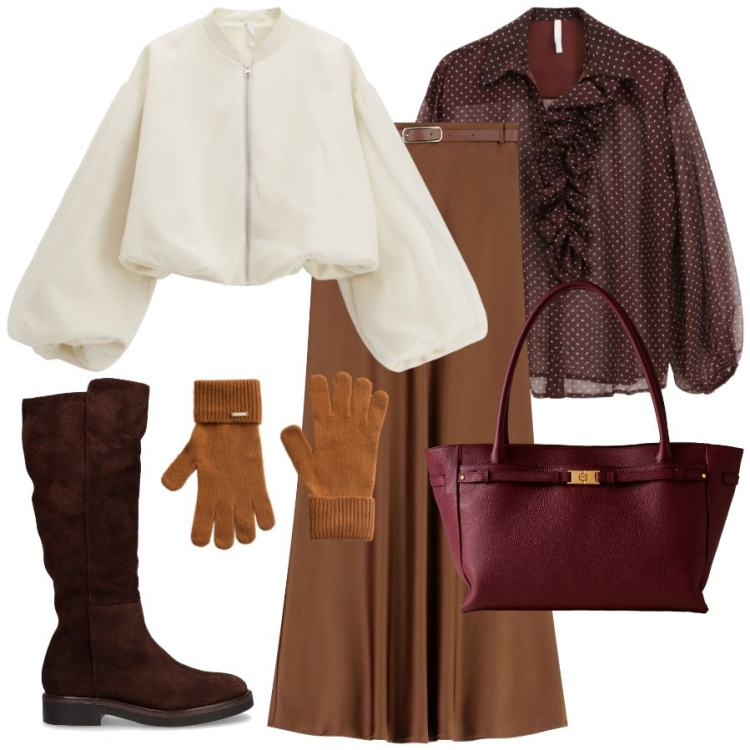 Outfit donna - Novembre. Stile Trendy per Tutti i giorni. Abbinamento con guanti, gonne lunghe, bomber, camicie, shopping bag, stivali.