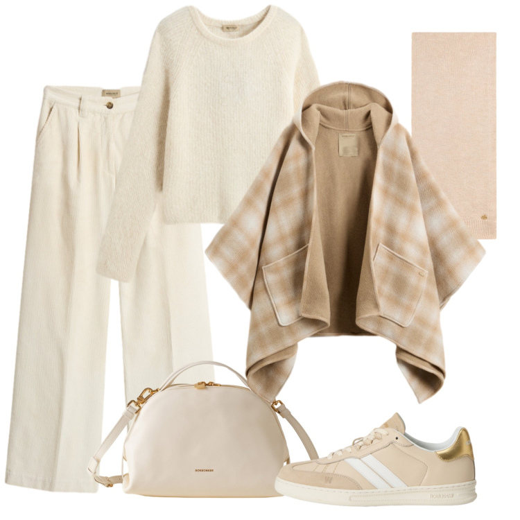 Outfit donna - Morbida panna. Stile Sporty chic per Tutti i giorni. Abbinamento con cappe, sneakers, maglieria, pantaloni, sciarpe, borse a mano.