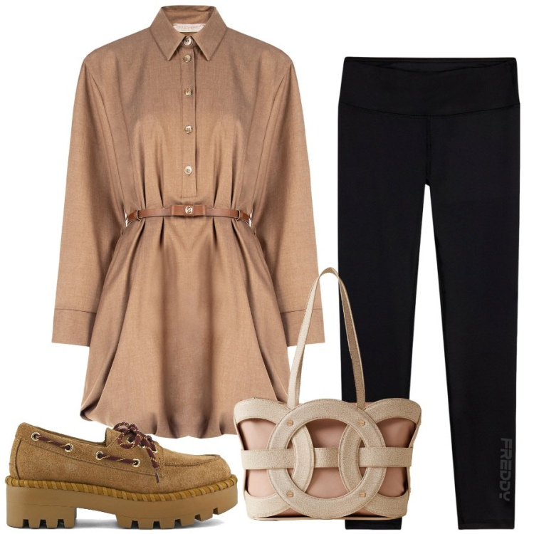 Outfit donna - Chemisier e scarpe con carrarmato. Stile Military per Tutti i giorni. Abbinamento con vestiti chemisier, leggings, shopping bag, mocassini.