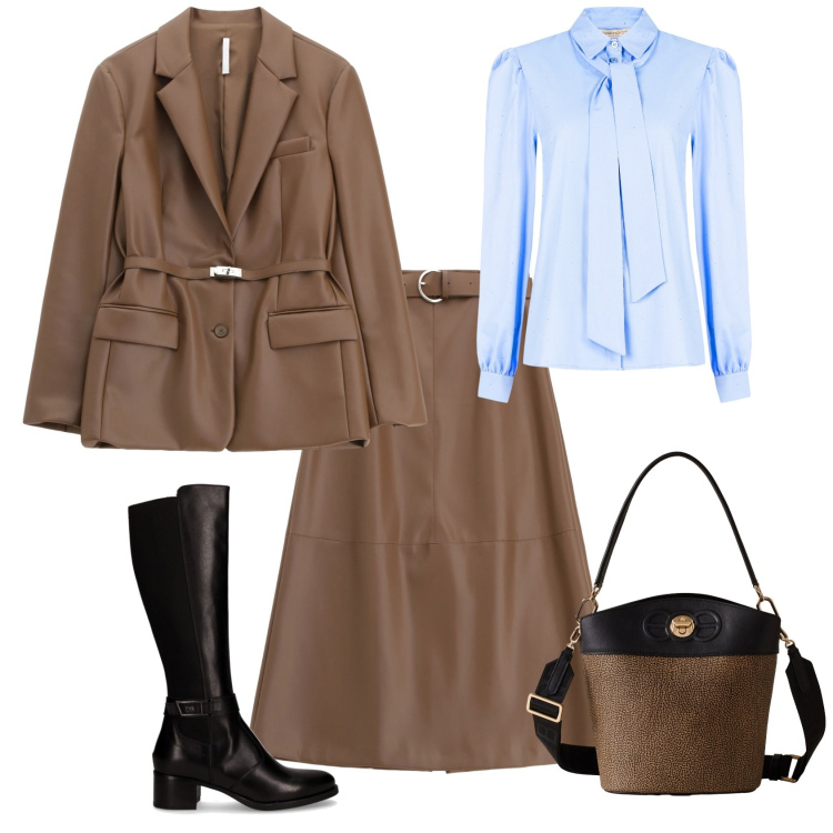 Outfit donna - Minimal chic azzurro marrone. Stile Minimal per Tutti i giorni. Abbinamento con camicie, gonne lunghe, blazer, borse a secchiello, stivali.
