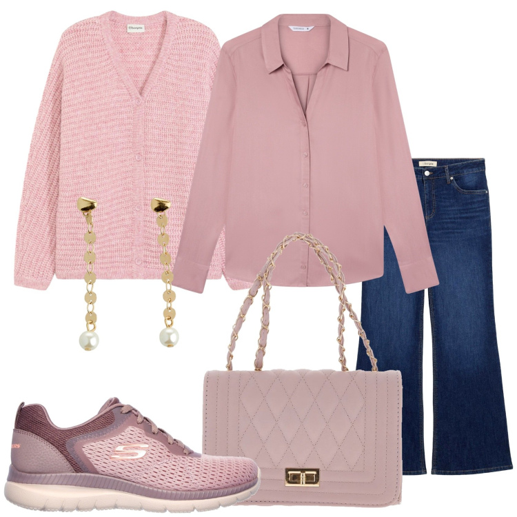 Outfit donna - Sfumature di rosa. Stile Casual per Tutti i giorni. Abbinamento con cardigans, orecchini, jeans a zampa, camicie, sneakers, borse a tracolla.