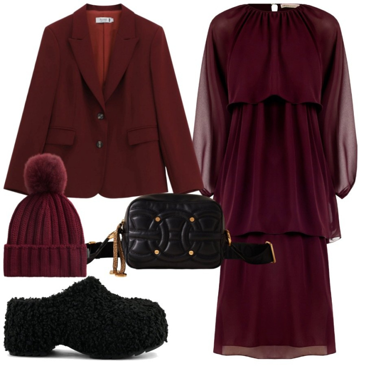 Outfit donna - Borgundy a novembre. Stile Chic per Serata fuori. Abbinamento con vestiti lunghi, blazer, berretti, borse a tracolla, zoccoli.