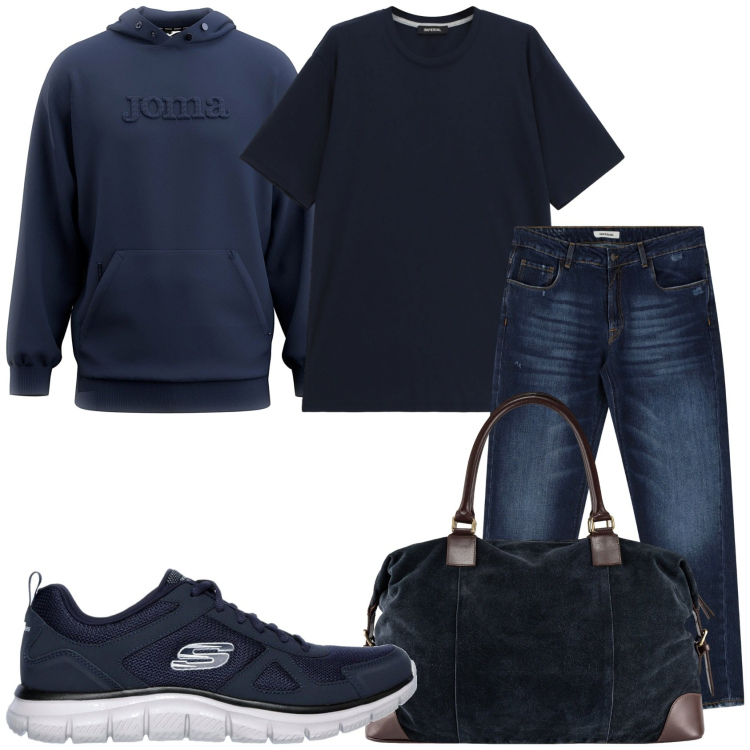 Outfit uomo - Week-end in blue. Stile Casual per Tutti i giorni. Abbinamento con jeans dritti, t-shirt, sneakers, borse sportive, felpe con cappuccio.