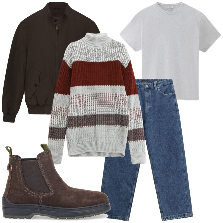 Outfit uomo - Total look per la giornata. Stile Urban per Tutti i giorni. Abbinamento con jeans, maglieria, t-shirt, stivali e stivaletti, bomber.