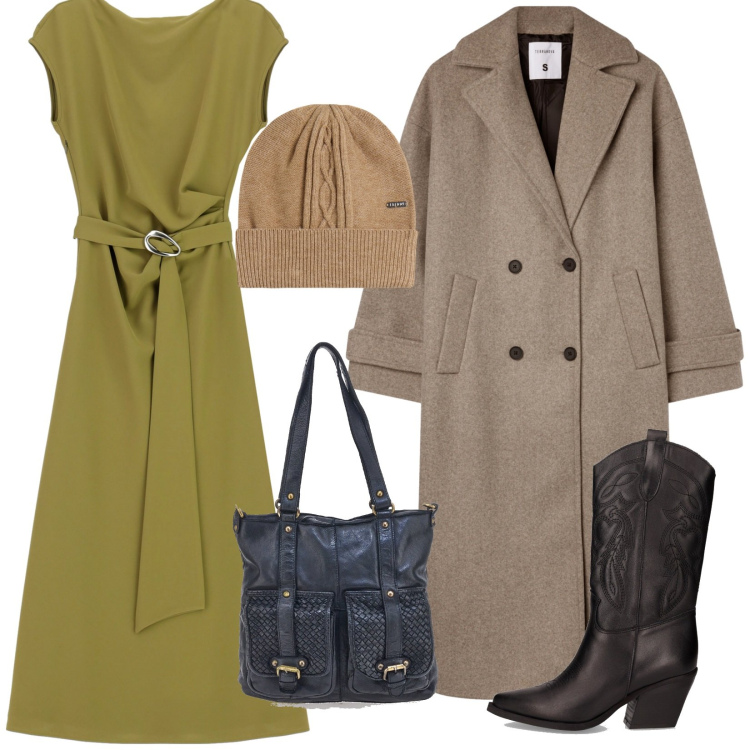 Outfit donna - A Novembre. Stile Bon Ton per Ufficio. Abbinamento con cappotti, vestiti lunghi, berretti, borse a spalla, stivali.