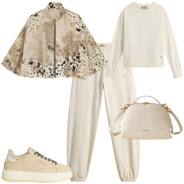 Outfit donna - Trendy in bianco. Stile Trendy per Tutti i giorni. Abbinamento con sneakers, maglieria, pantaloni, bomber, borse a mano.