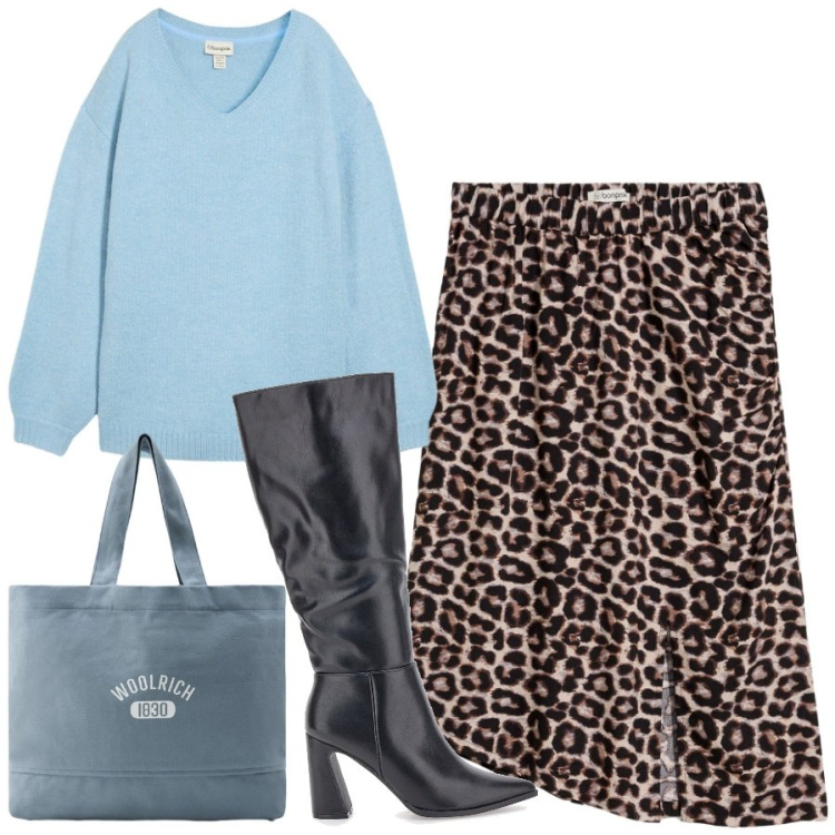 Outfit donna - Animalier e turchino. Stile Vintage retrò per Tutti i giorni. Abbinamento con maglieria, gonne, borse tote, stivali.