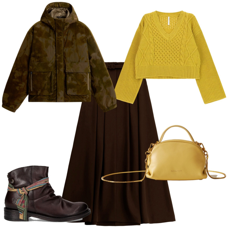 Outfit donna - Casual chic marrone giallo. Stile Casual chic per Tutti i giorni. Abbinamento con blazer, gonne lunghe, maglieria, borse a mano, stivaletti chelsea.