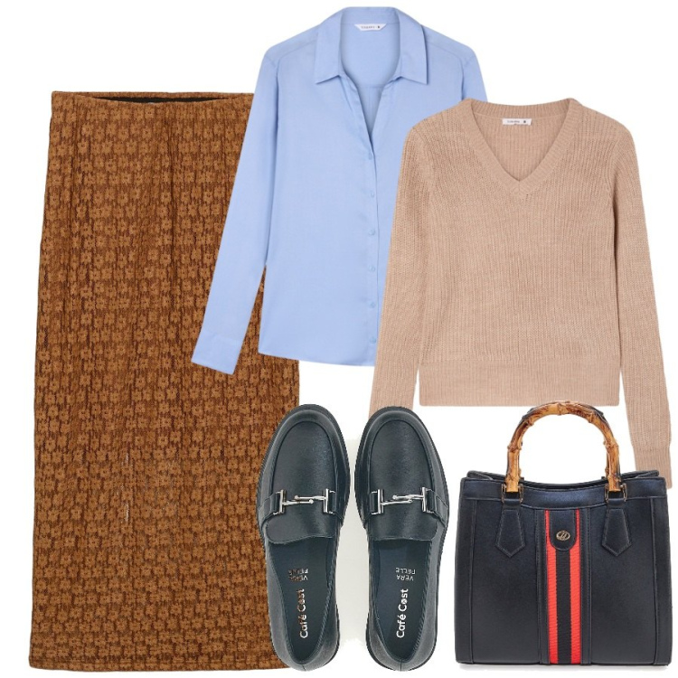 Outfit donna - Al lavoro. Stile Minimal per Tutti i giorni. Abbinamento con gonne lunghe, camicie, maglieria, mocassini, borse a tracolla.