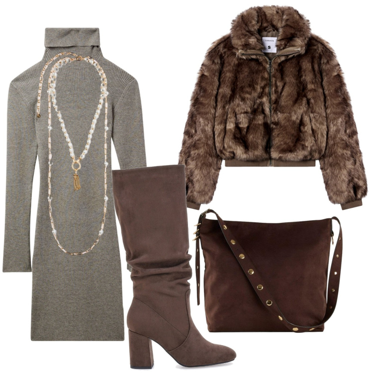 Outfit donna - La pelliccia ricercata. Stile Glamour per Ufficio. Abbinamento con shopping bag, vestiti corti, ecopellicce, stivali sopra il ginocchio, collane.