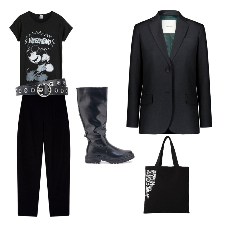 Outfit donna - Total black mood. Stile Casual chic per Tutti i giorni. Abbinamento con t-shirt, cinture, pantaloni chino, shopping bag, stivali, blazer.