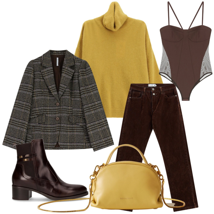 Outfit donna - Total look #2278808. Stile Casual chic per Tutti i giorni. Abbinamento con pantaloni, blazer, body, maglieria, borse a mano, stivaletti.