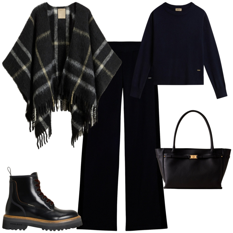 Outfit donna - Casual chic. Stile Casual chic per Tutti i giorni. Abbinamento con anfibi, cappe, maglieria, pantaloni, shopping bag.