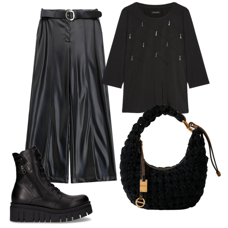 Outfit donna - H24. Stile Casual chic per Tutti i giorni. Abbinamento con pantaloni, borse a mano, anfibi, t-shirt.