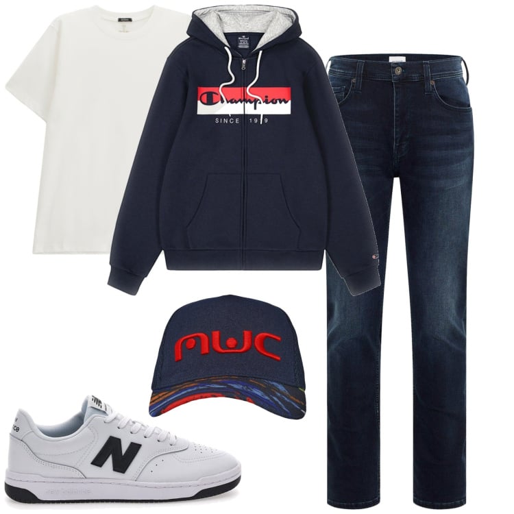 Outfit uomo - Total look #2278816. Stile Casual per Tutti i giorni. Abbinamento con jeans slim fit, cappelli con visiera, t-shirt, felpe con cappuccio, sneakers.