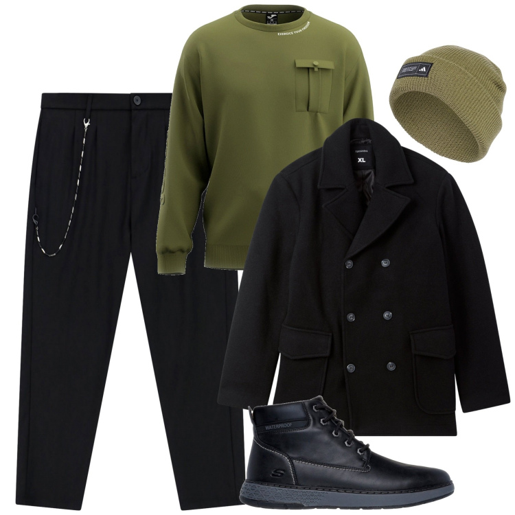 Outfit uomo - City. Stile Urban per Tutti i giorni. Abbinamento con caban, pantaloni, berretti, stivali e stivaletti, felpe.
