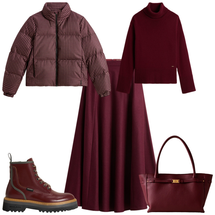 Outfit donna - Casual chic bordeaux. Stile Casual chic per Tutti i giorni. Abbinamento con anfibi, maglieria, gonne lunghe, piumini, shopping bag.