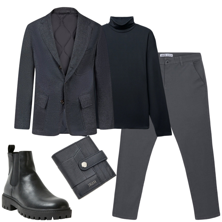 Outfit uomo - Grey. Stile Urban per Tutti i giorni. Abbinamento con stivali e stivaletti, pantaloni chino, t-shirt, portafogli, giacche.