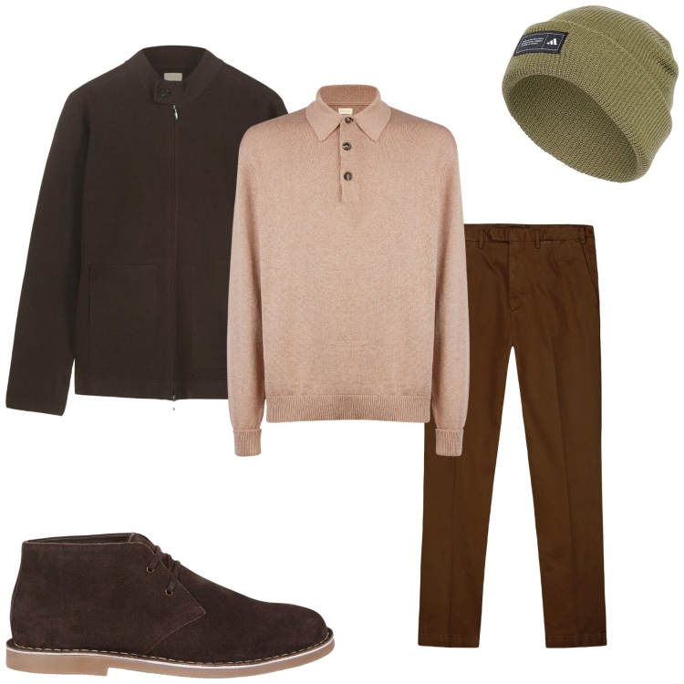Outfit uomo - Il marrone e verde. Stile Trendy per Tutti i giorni. Abbinamento con pantaloni, berretti, stivali e stivaletti, polo, bomber.