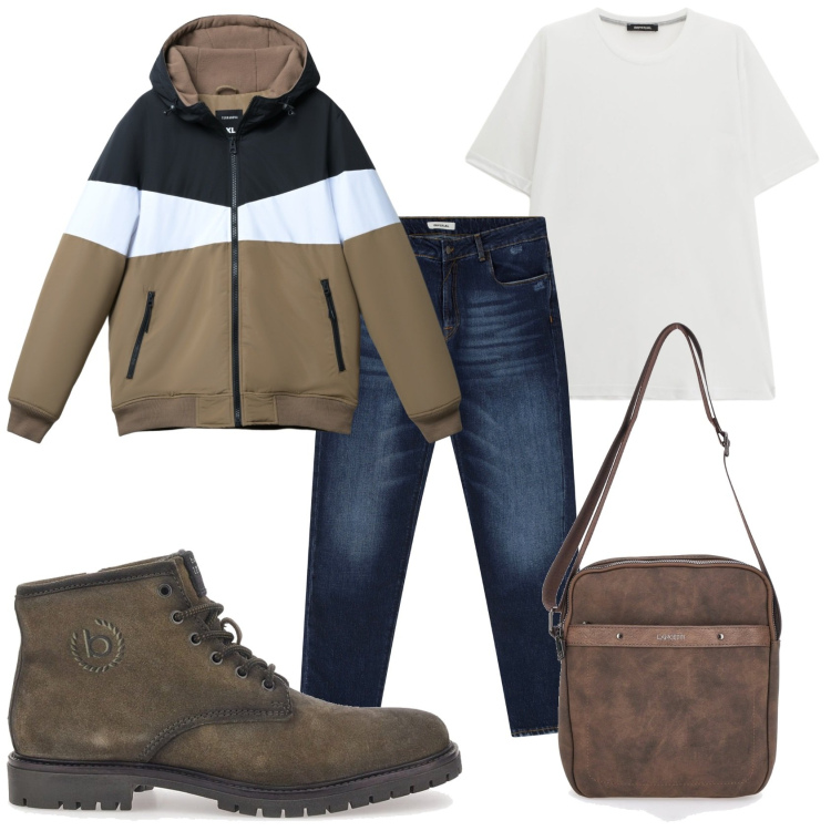 Outfit uomo - Felpa e jeans. Stile Urban per Tutti i giorni. Abbinamento con piumini, jeans dritti, t-shirt, stivali e stivaletti, portafogli.