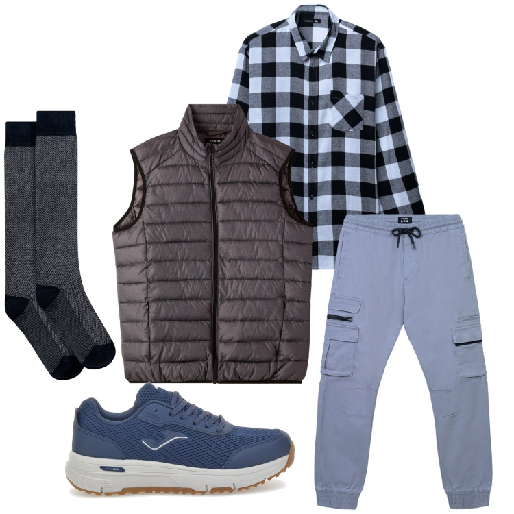 Outfit uomo - Total look #2278827. Stile Casual per Sport. Abbinamento con camicie, pantaloni cargo, piumini, sneakers, calzini.