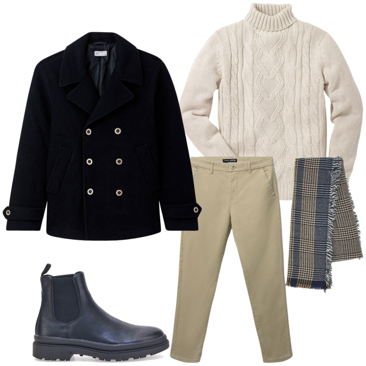 Outfit uomo - Total look #2278837. Stile Trendy per Serata speciale. Abbinamento con maglieria, cappotti, pantaloni chino, sciarpe, stivali e stivaletti.