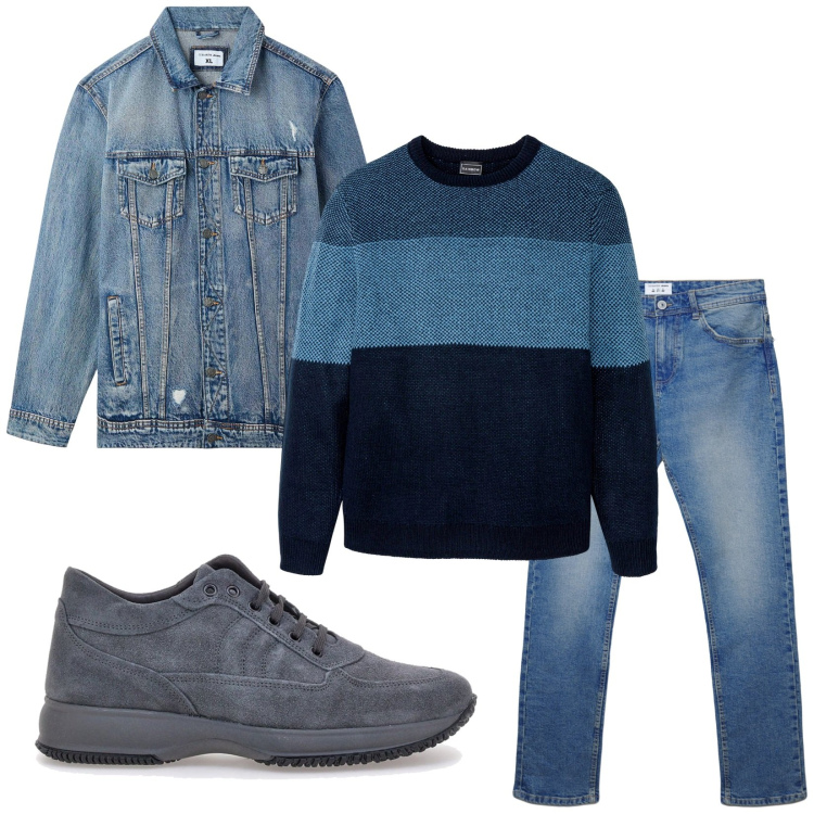 Outfit uomo - Total look #2278847. Stile Casual per Tutti i giorni. Abbinamento con maglieria, giacche, jeans dritti, sneakers.
