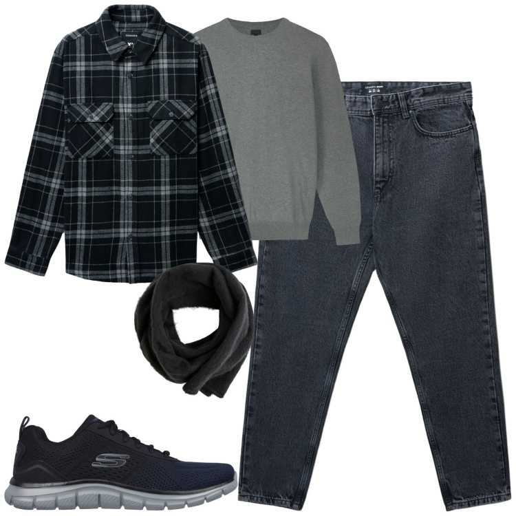 Outfit uomo - City. Stile Casual per Tutti i giorni. Abbinamento con cappotti, sciarpe e foulard, jeans strappati, sneakers, maglieria.