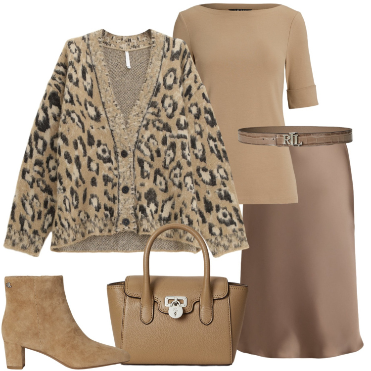 Outfit donna - Look color caramello. Stile Casual chic per Serata fuori. Abbinamento con cardigans, gonne, t-shirt, stivaletti, cinture, borse a mano.