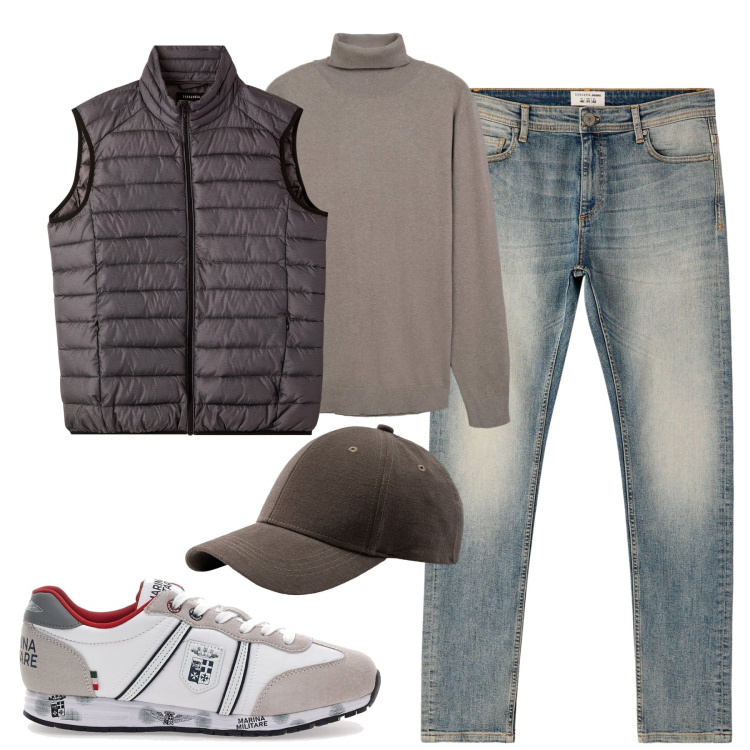 Outfit uomo - Total look #2278853. Stile Casual per Tutti i giorni. Abbinamento con maglieria, jeans skinny, piumini, sneakers, cappelli con visiera.