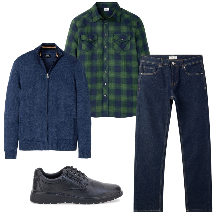 Outfit uomo - Total look #2278854. Stile Casual per Tutti i giorni. Abbinamento con cardigans, camicie, jeans, scarpe stringate.