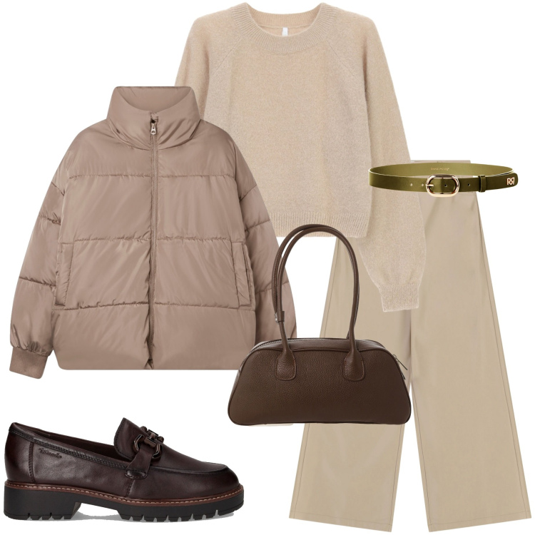 Outfit donna - Look color caramello. Stile Urban per Tutti i giorni. Abbinamento con bomber, cinture, maglieria, borse a mano, pantaloni a palazzo, mocassini.