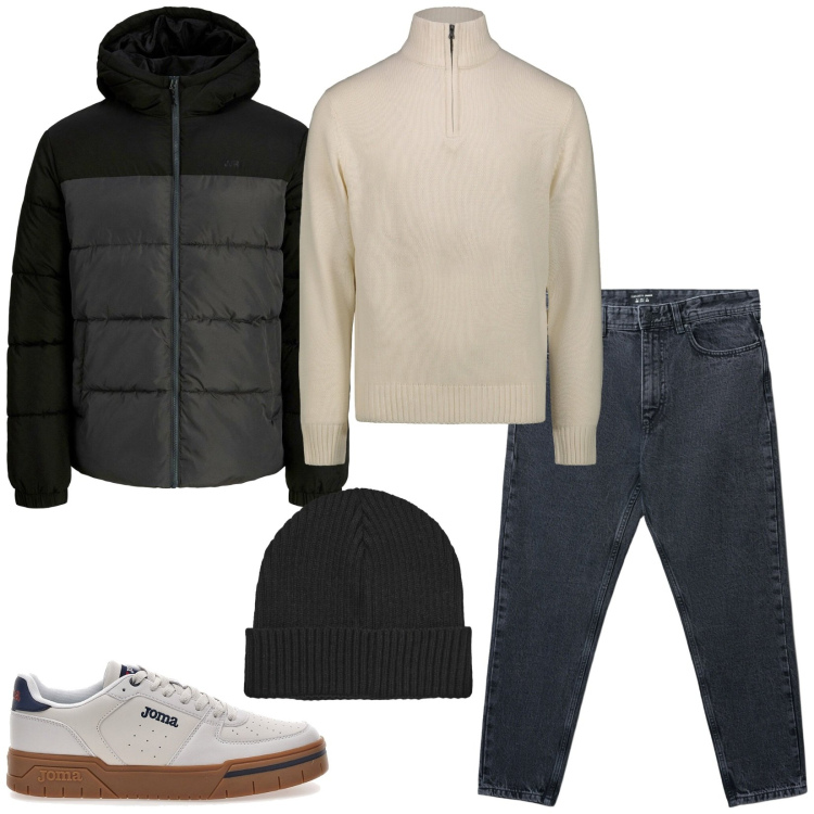 Outfit uomo - Total look #2278859. Stile Casual per Tutti i giorni. Abbinamento con piumini, jeans strappati, berretti, sneakers, maglieria.