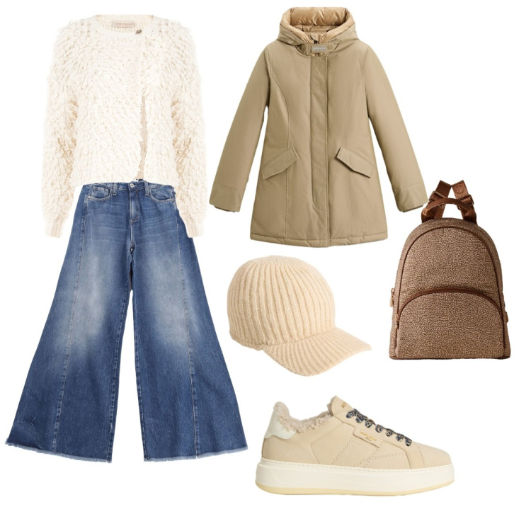 Outfit donna - Una domenica in campagna. Stile Casual per Sport. Abbinamento con jeans a zampa, cardigans, zaini, sneakers, parka, cappelli.