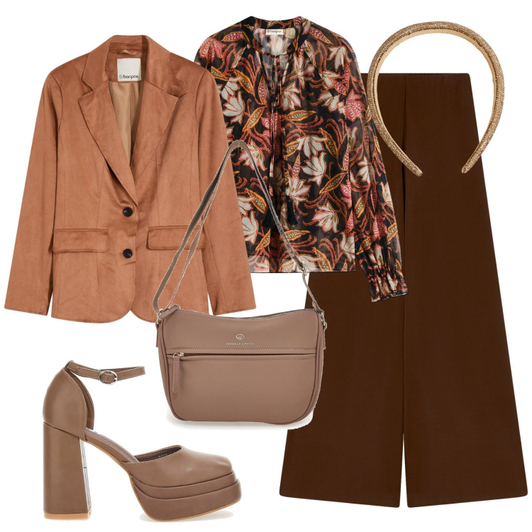Outfit donna - I colori dell\'autunno. Stile Casual chic per Tutti i giorni. Abbinamento con maglieria, blazer, pantaloni, cerchietti, décolleté, borse a tracolla.