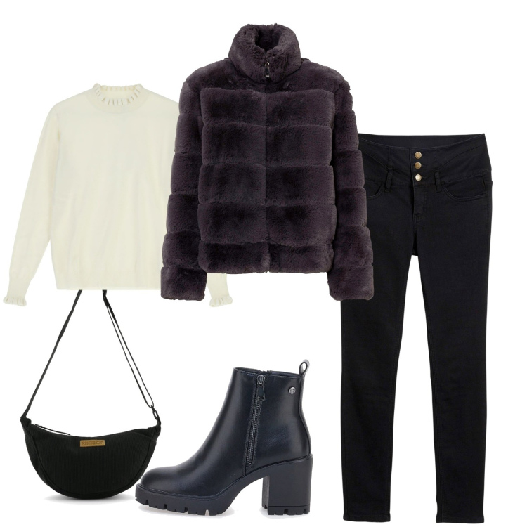 Outfit donna - Protagonista l\'ecopelliccia. Stile Trendy per Serata fuori. Abbinamento con jeans skinny, ecopellicce, maglieria, borse a tracolla, stivaletti.