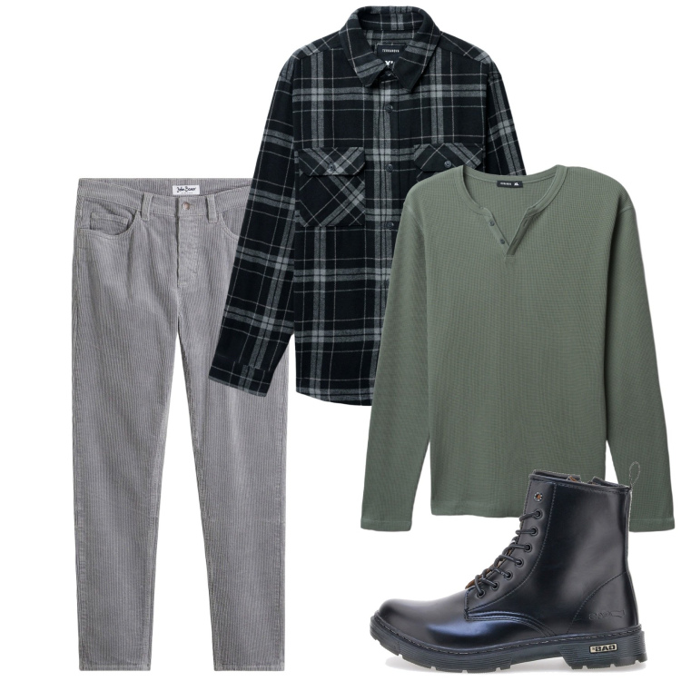 Outfit uomo - Novembre. Stile Casual per Tutti i giorni. Abbinamento con pantaloni, t-shirt, cappotti, anfibi.